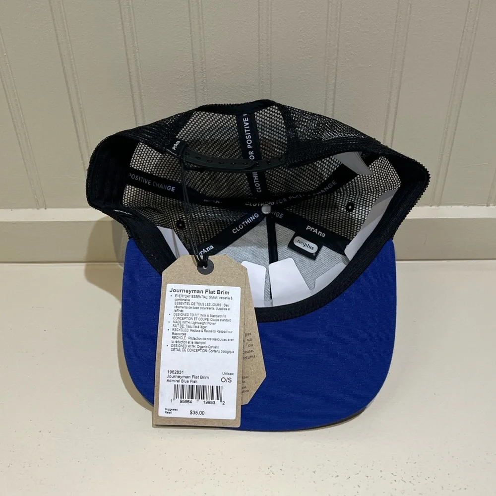 NWT PrAna Unisex Journeyman Trucker Flat Brim Hat Admiral  Blue Fish Taco OS